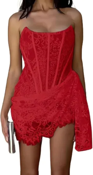 LAPRBY Womens Mini Dress Floral Corset Dress Draped Lace Tube Top Dress Cocktail Dress Sexy 2024 Summer Trendy