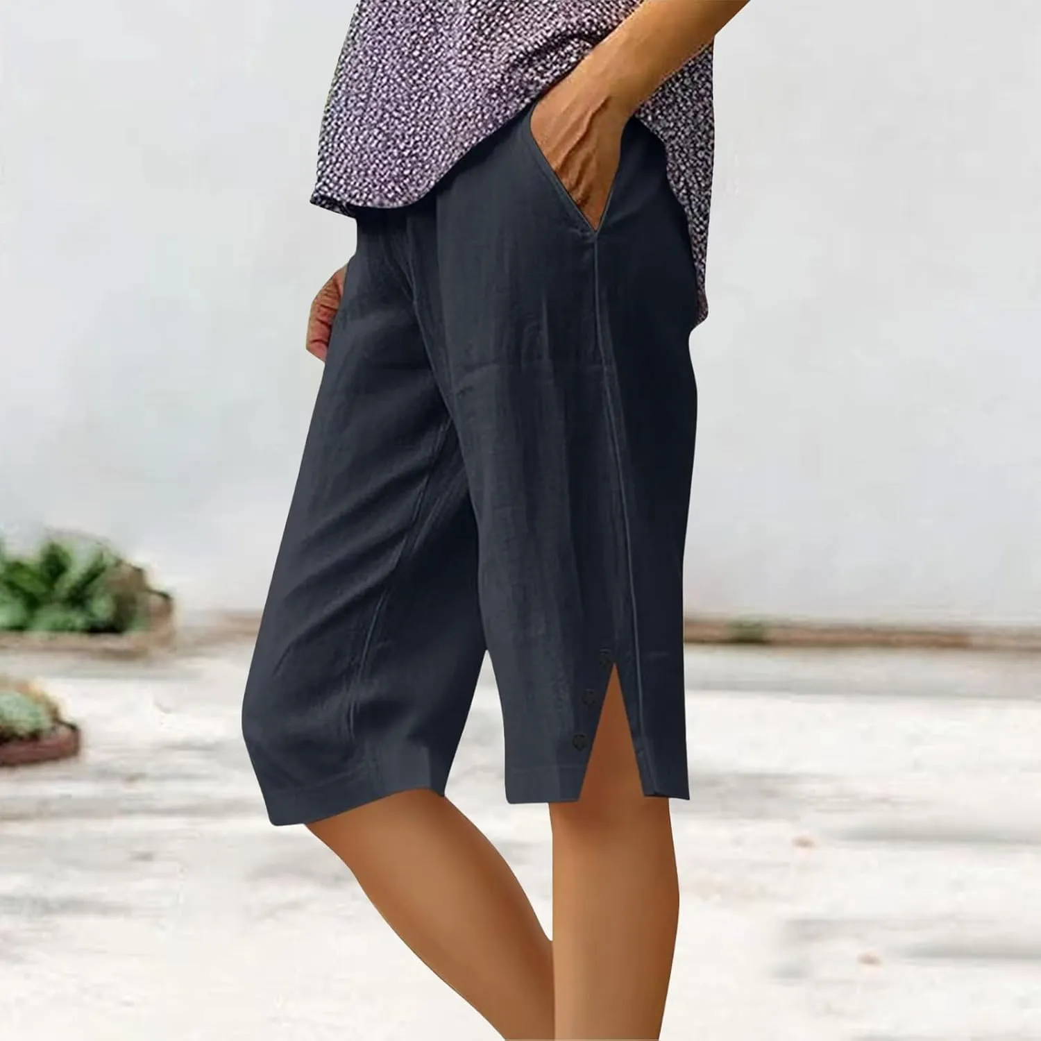 Linen Bermuda Shorts for Women Summer Drawstring Elastic High Short Knee Length Casual Shorts Vacation Beach Trousers