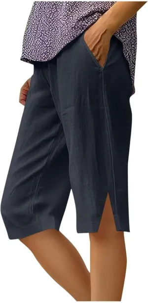 Linen Bermuda Shorts for Women Summer Drawstring Elastic High Short Knee Length Casual Shorts Vacation Beach Trousers