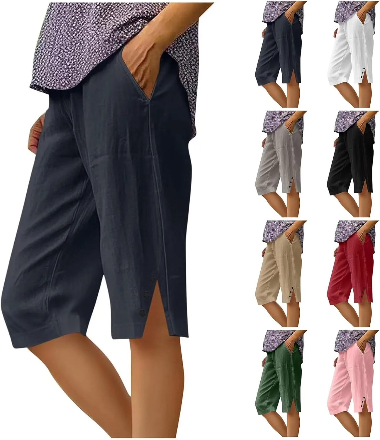 Linen Bermuda Shorts for Women Summer Drawstring Elastic High Short Knee Length Casual Shorts Vacation Beach Trousers