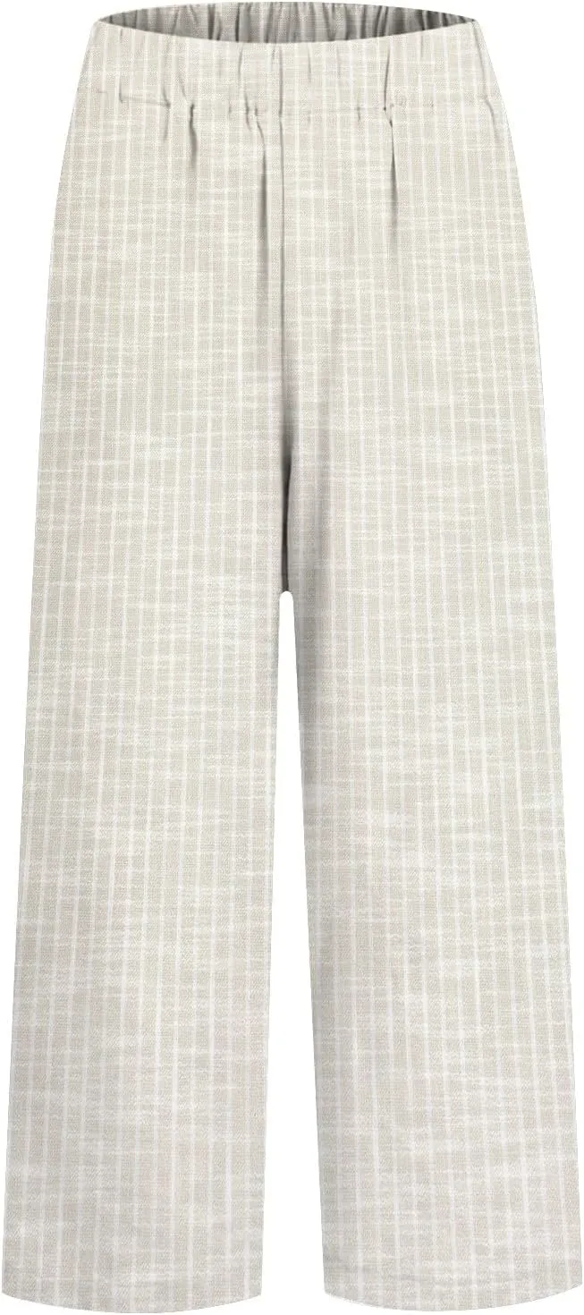 Linen Capri Pants for Women Drawstring Waisted Straight Wide Leg Lounge Pant Striped Spring Summer Beach Trousers