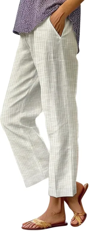 Linen Capri Pants for Women Drawstring Waisted Straight Wide Leg Lounge Pant Striped Spring Summer Beach Trousers
