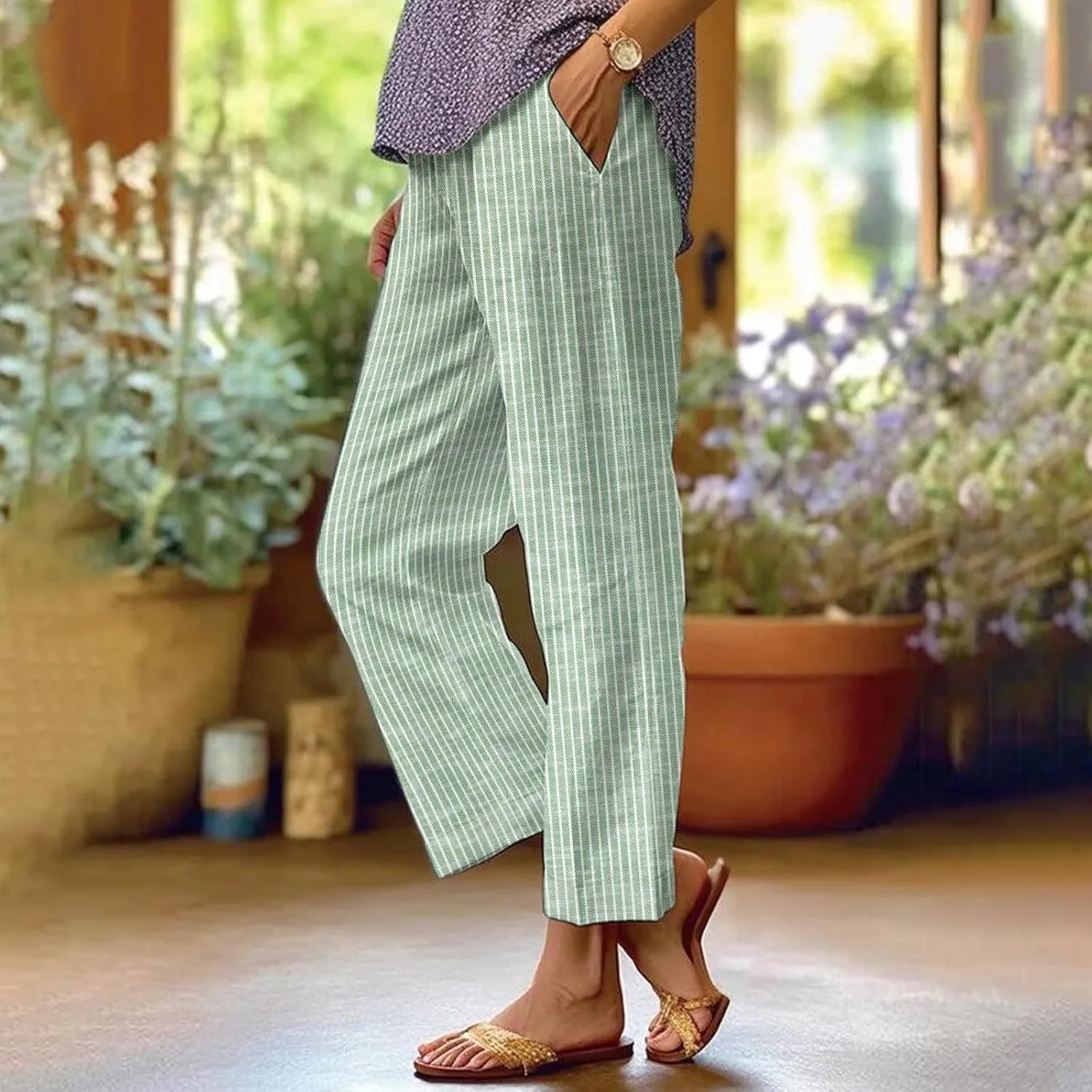 Linen Capri Pants for Women Drawstring Waisted Straight Wide Leg Lounge Pant Striped Spring Summer Beach Trousers