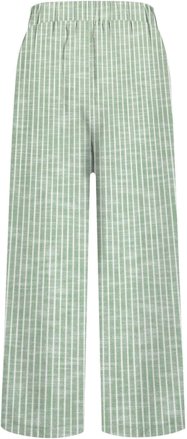 Linen Capri Pants for Women Drawstring Waisted Straight Wide Leg Lounge Pant Striped Spring Summer Beach Trousers