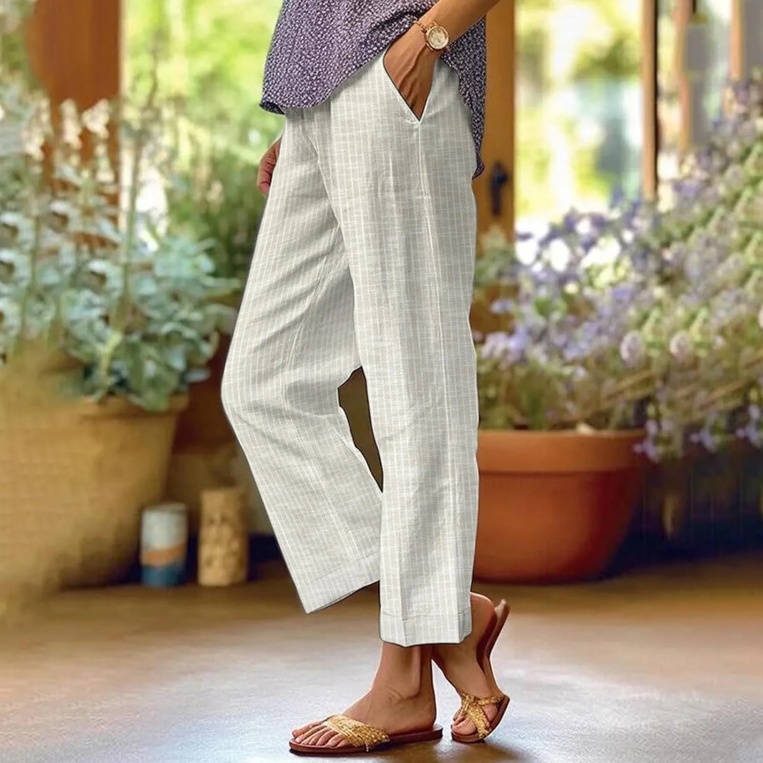 Linen Capri Pants for Women Drawstring Waisted Straight Wide Leg Lounge Pant Striped Spring Summer Beach Trousers