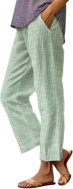 Linen Capri Pants for Women Drawstring Waisted Straight Wide Leg Lounge Pant Striped Spring Summer Beach Trousers