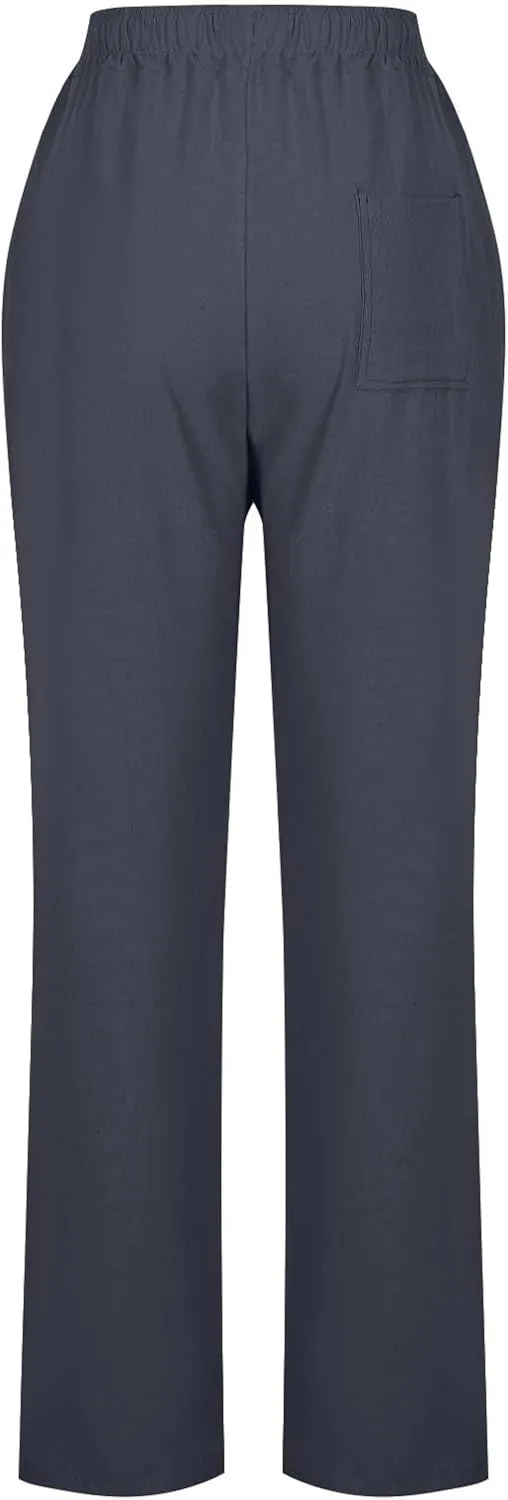 Linen Pants for Women Summer Casual Elastic Drawstring Waist Lightweight Pants Solid Wide Leg Trousers with Pockets