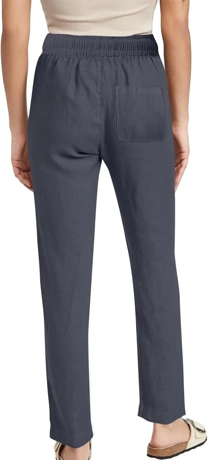 Linen Pants for Women Summer Casual Elastic Drawstring Waist Lightweight Pants Solid Wide Leg Trousers with Pockets