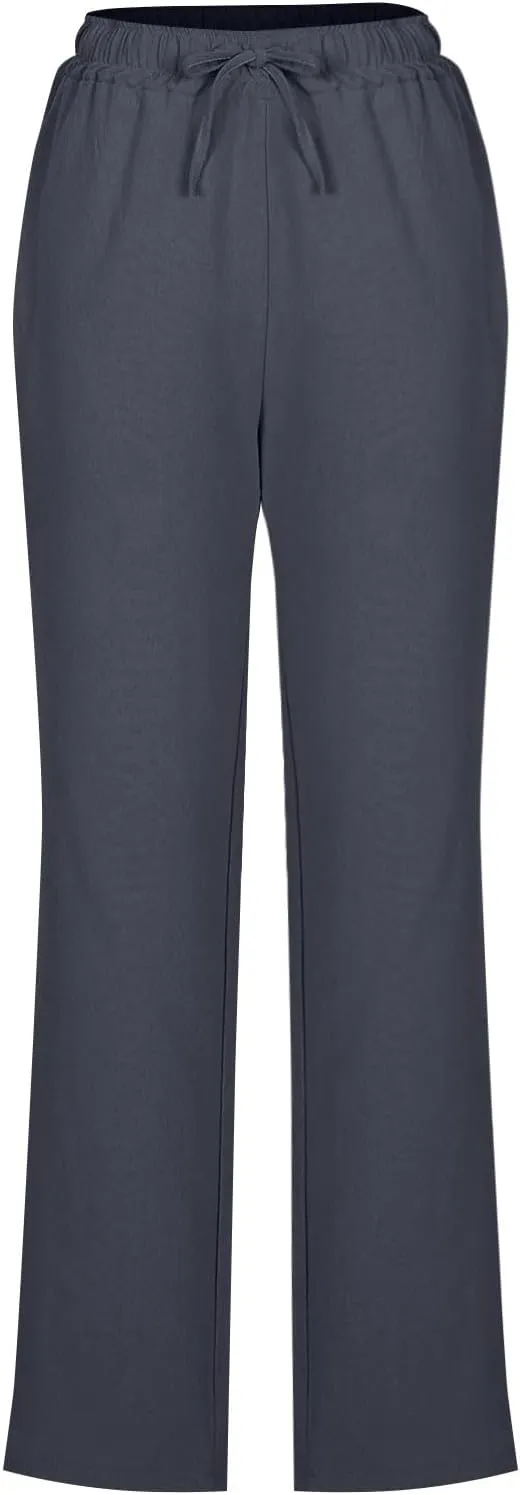 Linen Pants for Women Summer Casual Elastic Drawstring Waist Lightweight Pants Solid Wide Leg Trousers with Pockets