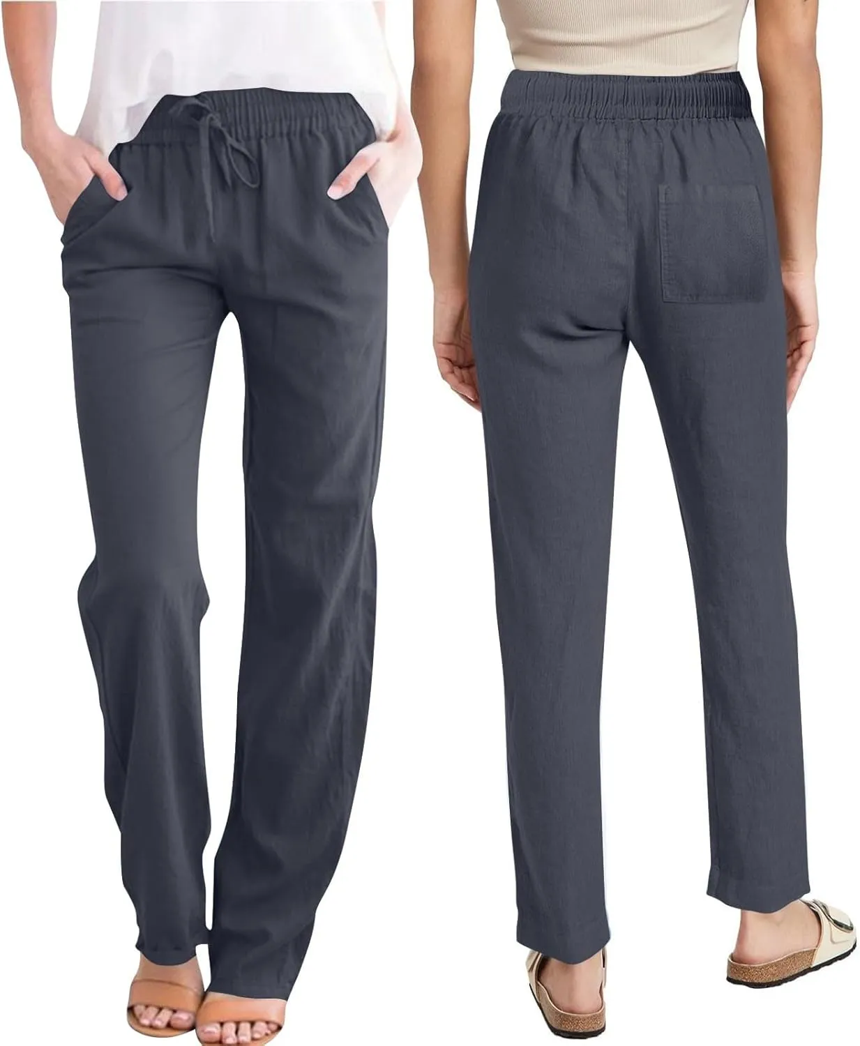 Linen Pants for Women Summer Casual Elastic Drawstring Waist Lightweight Pants Solid Wide Leg Trousers with Pockets
