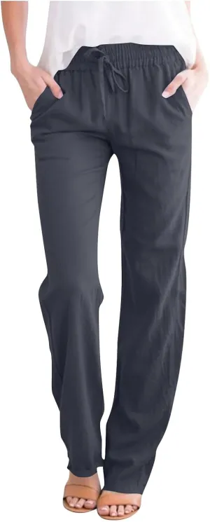 Linen Pants for Women Summer Casual Elastic Drawstring Waist Lightweight Pants Solid Wide Leg Trousers with Pockets