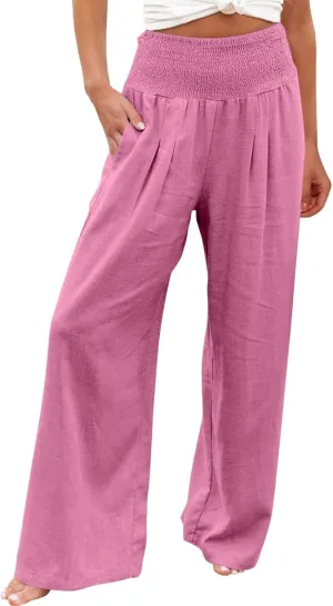 Linen Pants Women High Waisted Wide Leg Summer Beach Slacks Plus Size Solid Beach Travel Vacation Outfits
