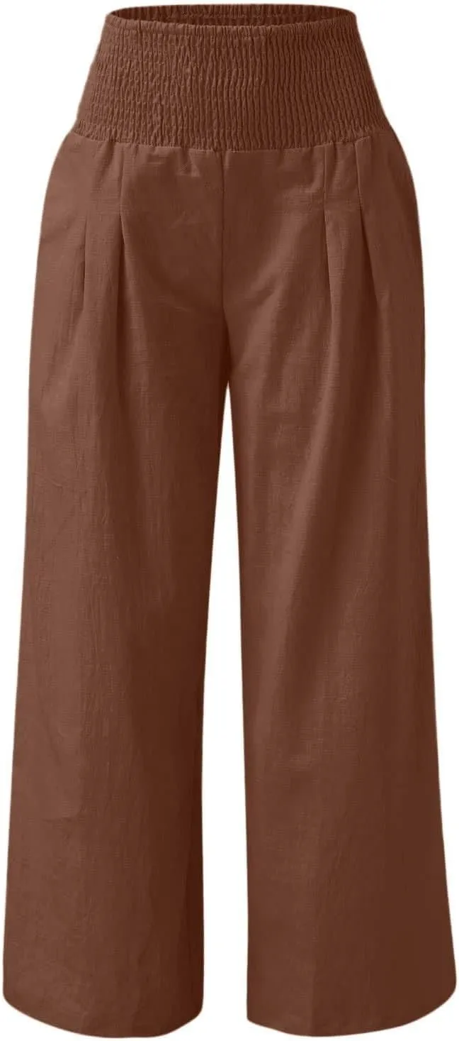 Linen Pants Women High Waisted Wide Leg Summer Beach Slacks Plus Size Solid Beach Travel Vacation Outfits
