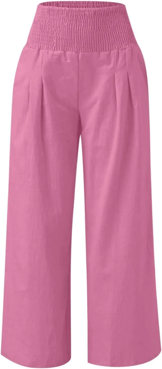 Linen Pants Women High Waisted Wide Leg Summer Beach Slacks Plus Size Solid Beach Travel Vacation Outfits