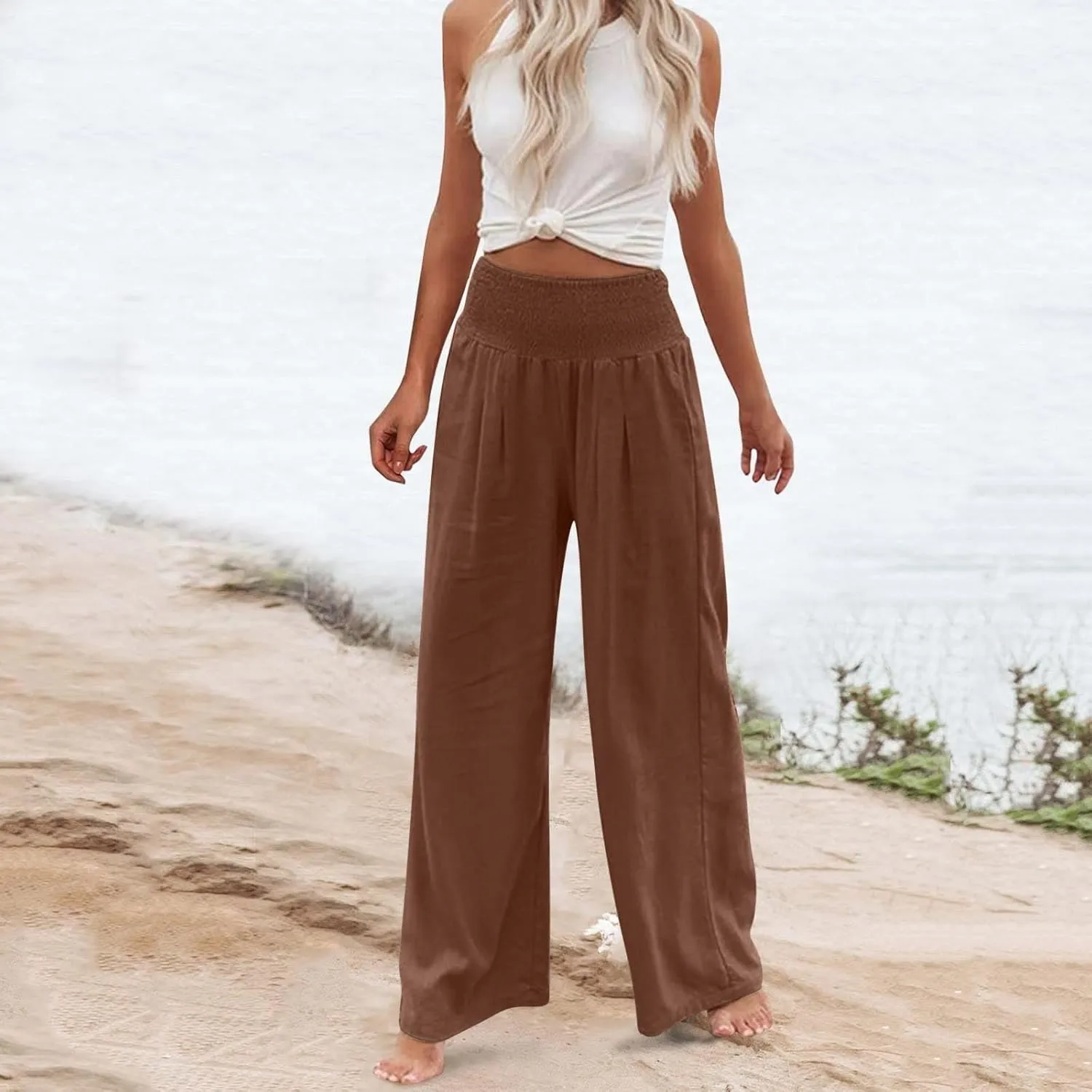 Linen Pants Women High Waisted Wide Leg Summer Beach Slacks Plus Size Solid Beach Travel Vacation Outfits