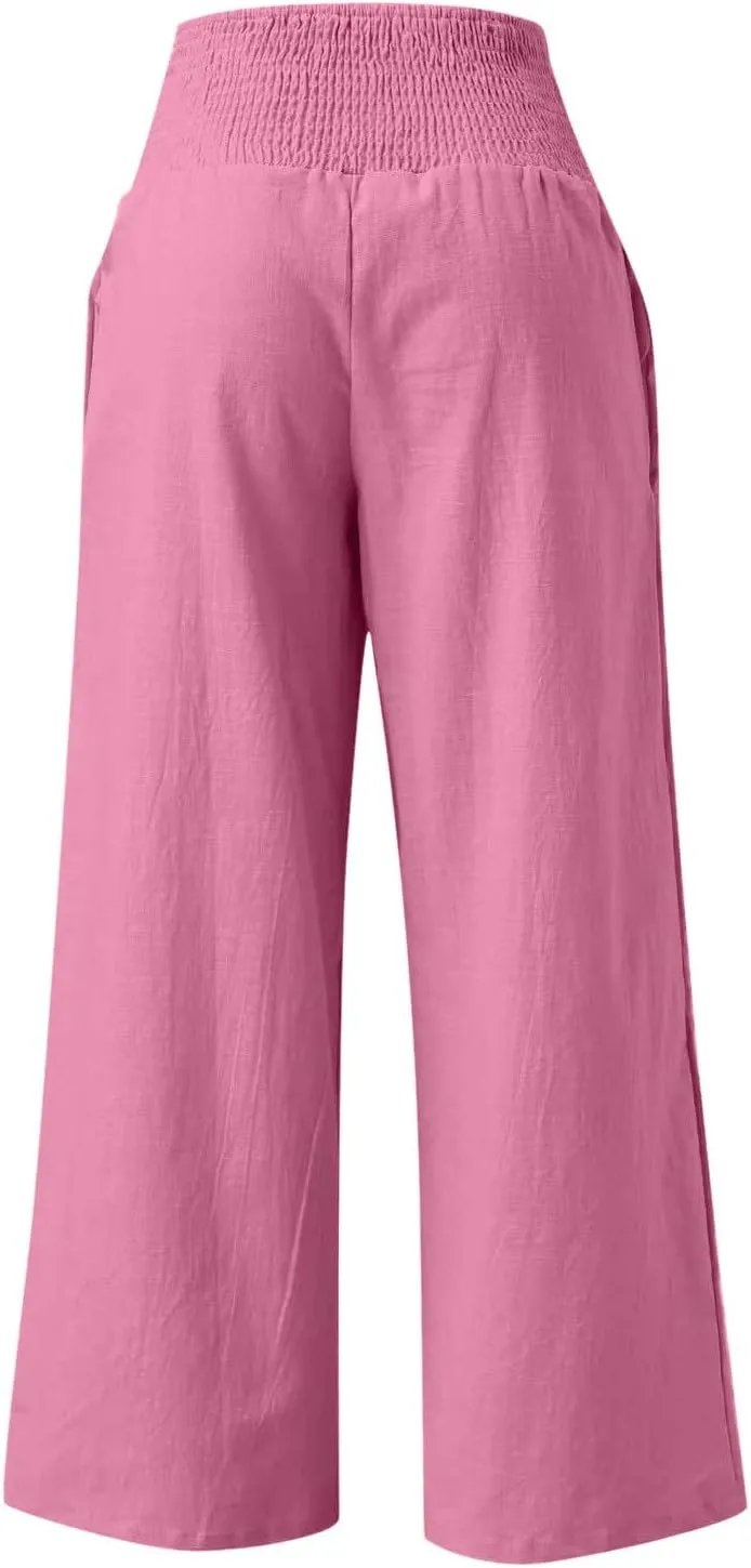 Linen Pants Women High Waisted Wide Leg Summer Beach Slacks Plus Size Solid Beach Travel Vacation Outfits