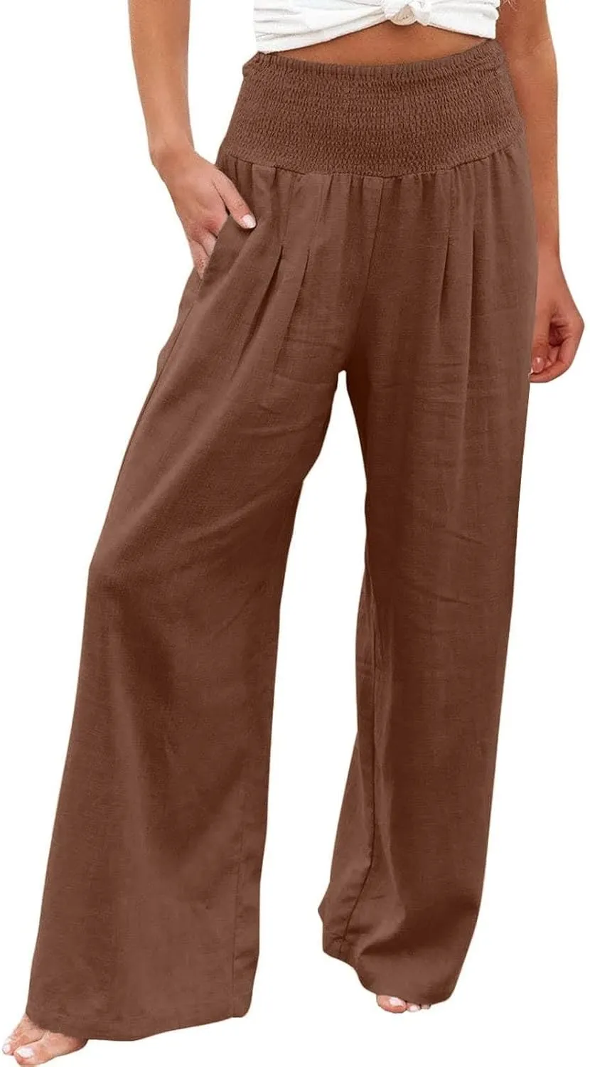 Linen Pants Women High Waisted Wide Leg Summer Beach Slacks Plus Size Solid Beach Travel Vacation Outfits
