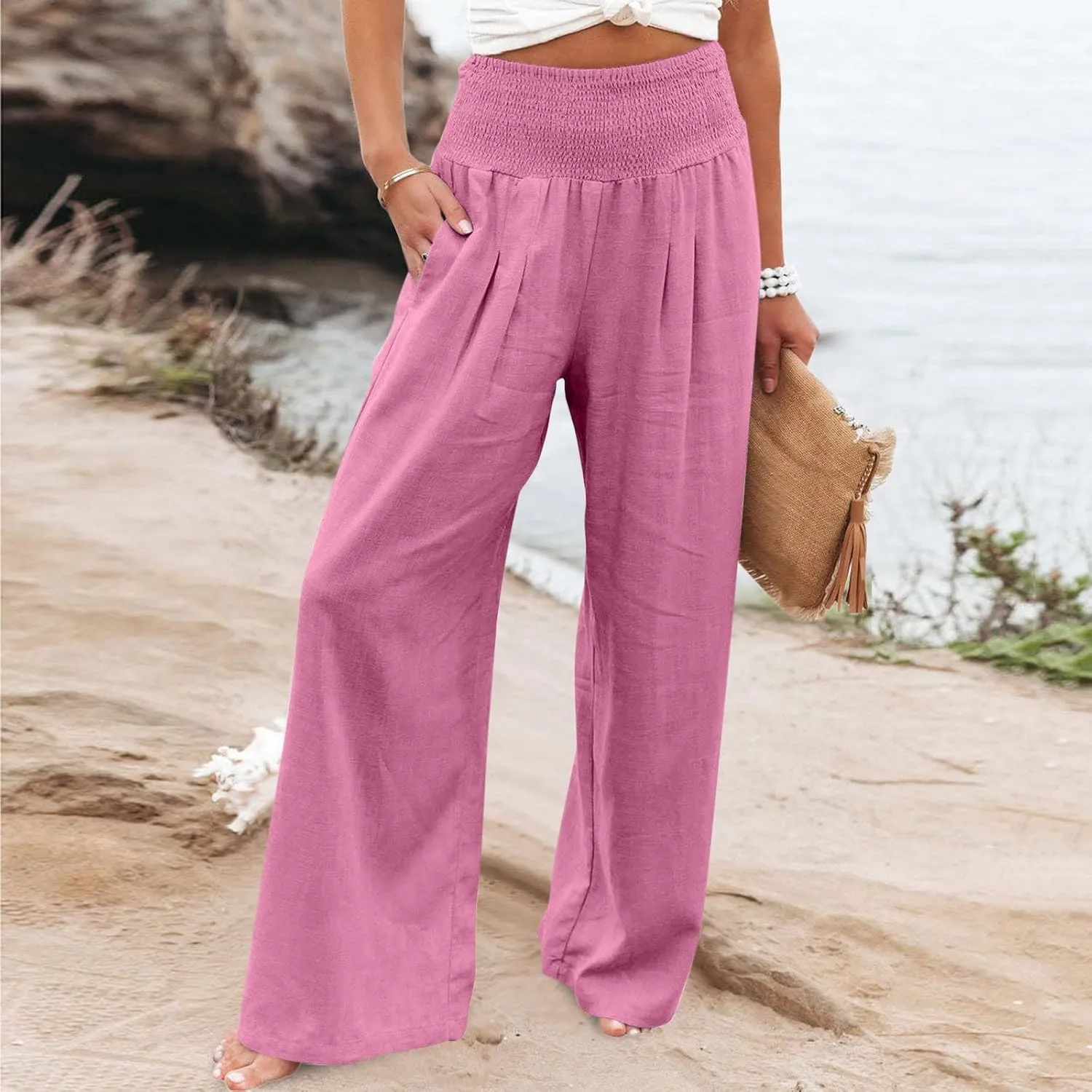 Linen Pants Women High Waisted Wide Leg Summer Beach Slacks Plus Size Solid Beach Travel Vacation Outfits