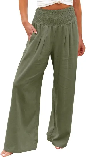 Linen Pants Women High Waisted Wide Leg Summer Beach Slacks Plus Size Solid Beach Travel Vacation Outfits