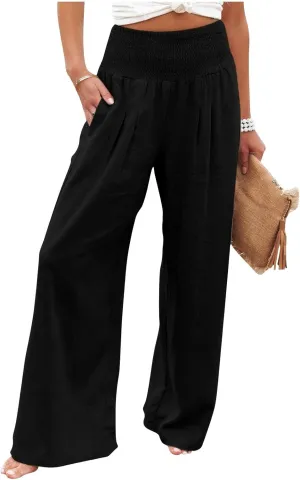 Linen Pants Women High Waisted Wide Leg Summer Beach Slacks Plus Size Solid Beach Travel Vacation Outfits