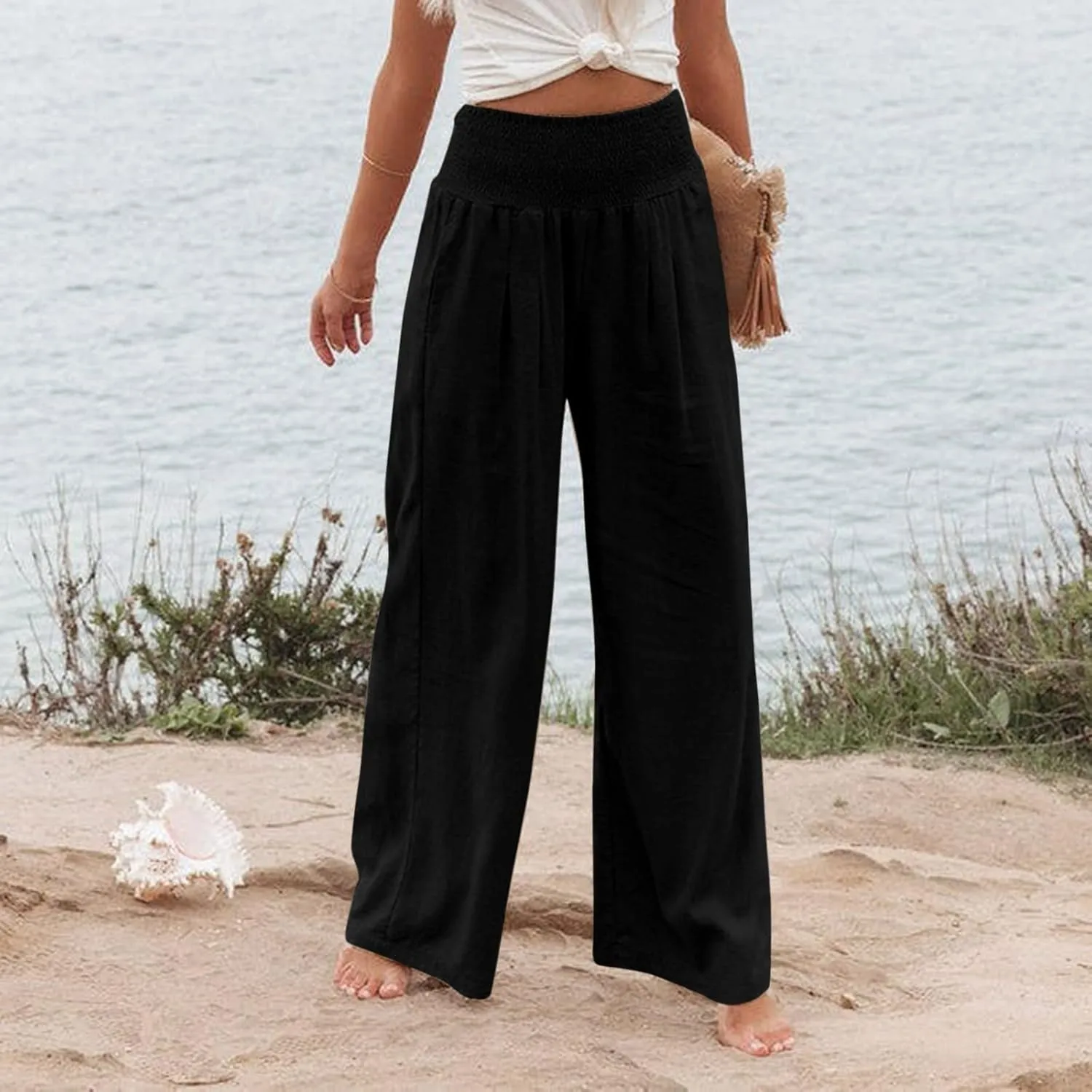 Linen Pants Women High Waisted Wide Leg Summer Beach Slacks Plus Size Solid Beach Travel Vacation Outfits