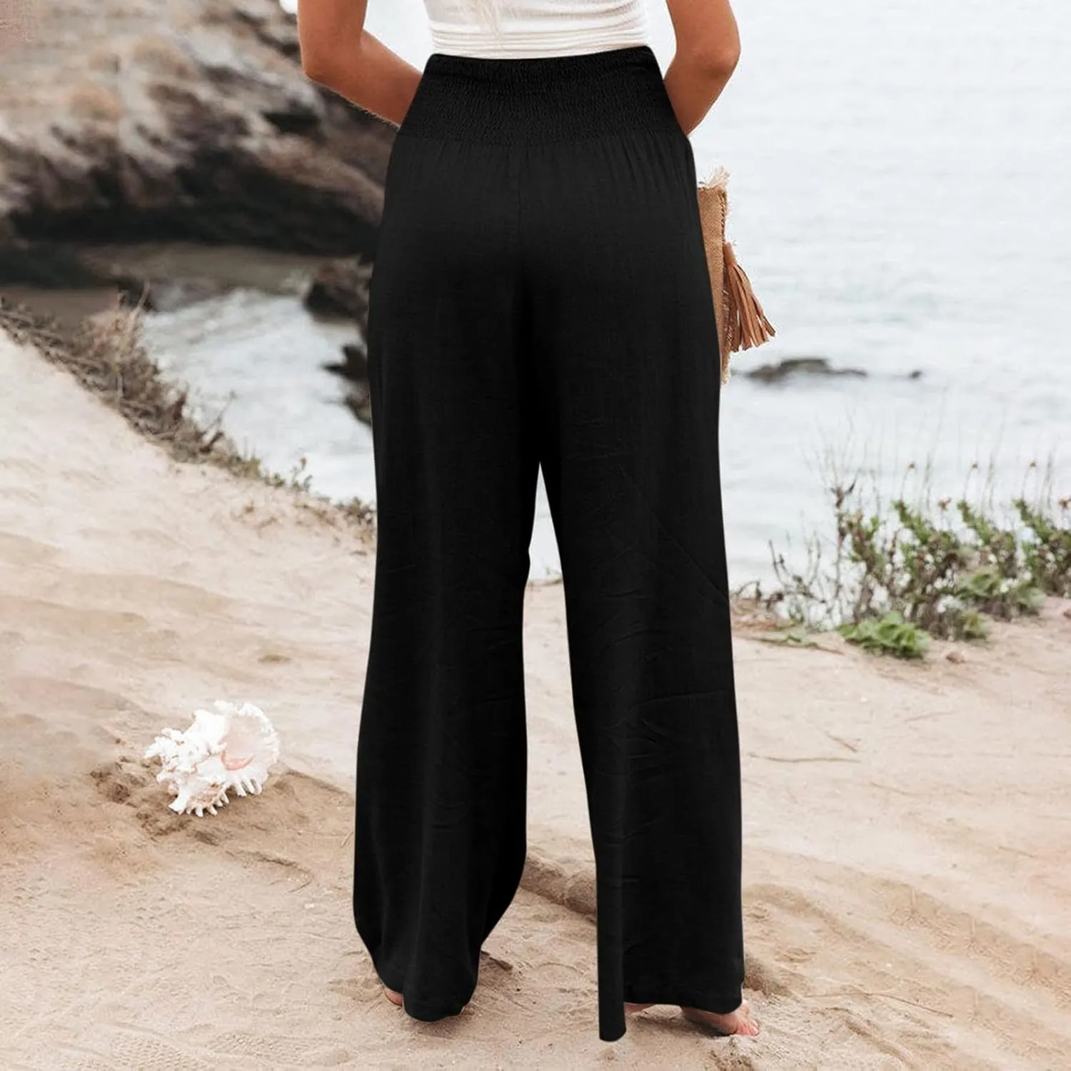Linen Pants Women High Waisted Wide Leg Summer Beach Slacks Plus Size Solid Beach Travel Vacation Outfits