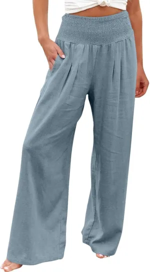 Linen Pants Women High Waisted Wide Leg Summer Beach Slacks Plus Size Solid Beach Travel Vacation Outfits