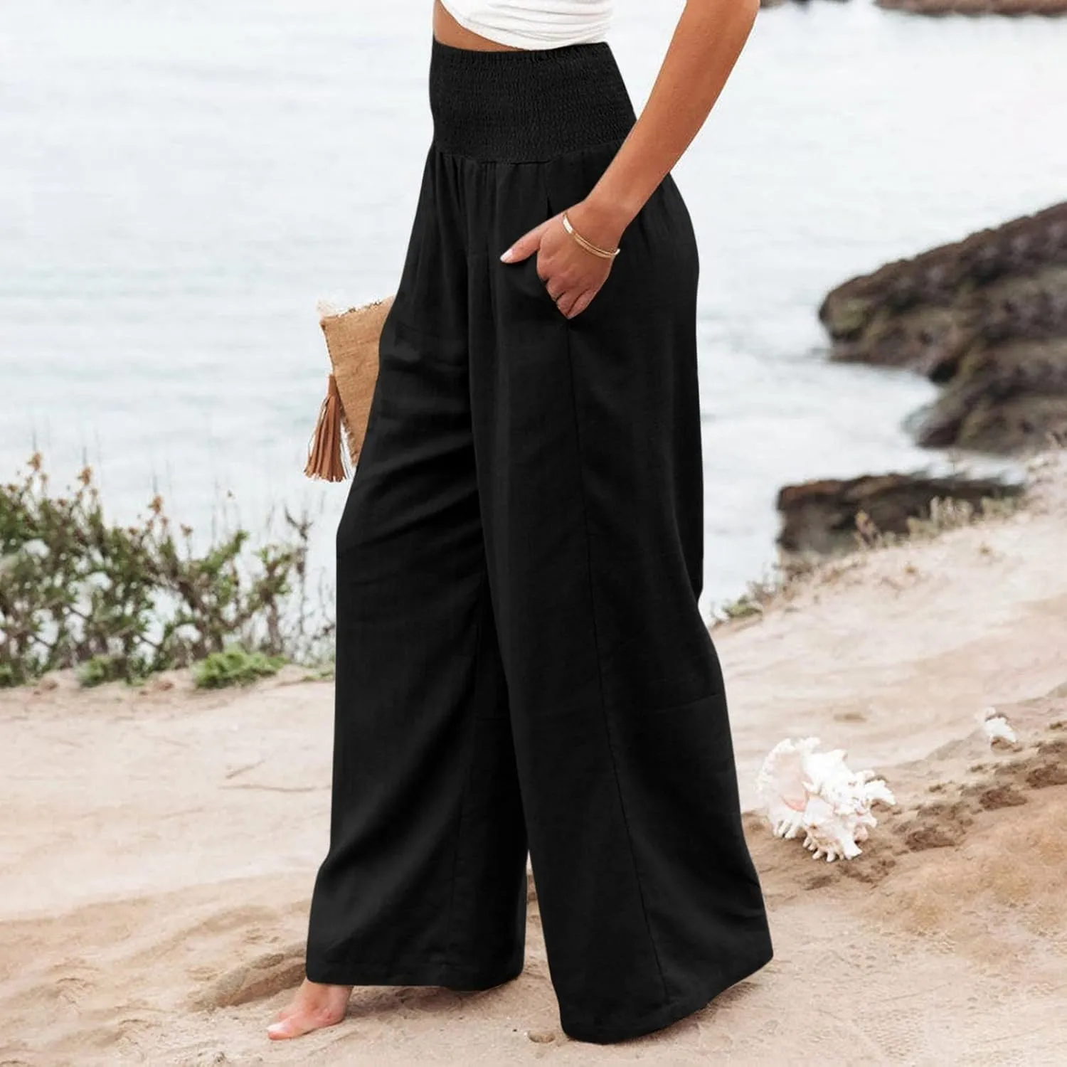 Linen Pants Women High Waisted Wide Leg Summer Beach Slacks Plus Size Solid Beach Travel Vacation Outfits