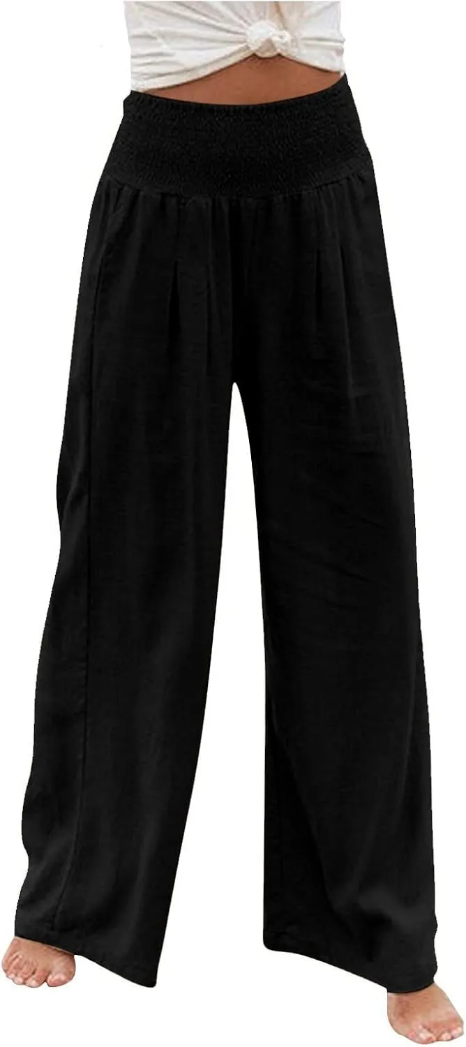 Linen Pants Women High Waisted Wide Leg Summer Beach Slacks Plus Size Solid Beach Travel Vacation Outfits