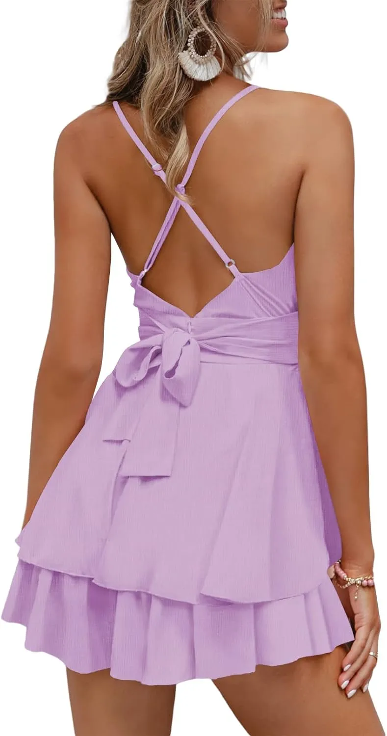 Linsery Women Spaghetti Strap V Neck Shorts Romper Ruffle Chiffon Mini Jumpsuit Backless Playsuit