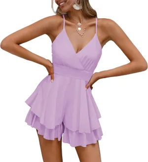 Linsery Women Spaghetti Strap V Neck Shorts Romper Ruffle Chiffon Mini Jumpsuit Backless Playsuit