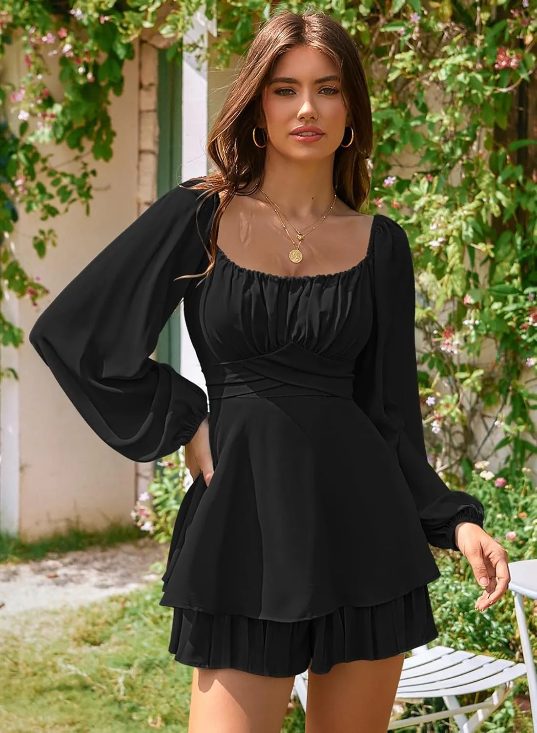 Linsery Womens Ruffle Long Sleeve Short Rompers Sexy Layered Tie Waist Chiffon One Piece Outfits Solid Jumpsuit