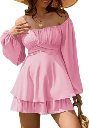 Linsery Womens Ruffle Long Sleeve Short Rompers Sexy Layered Tie Waist Chiffon One Piece Outfits Solid Jumpsuit