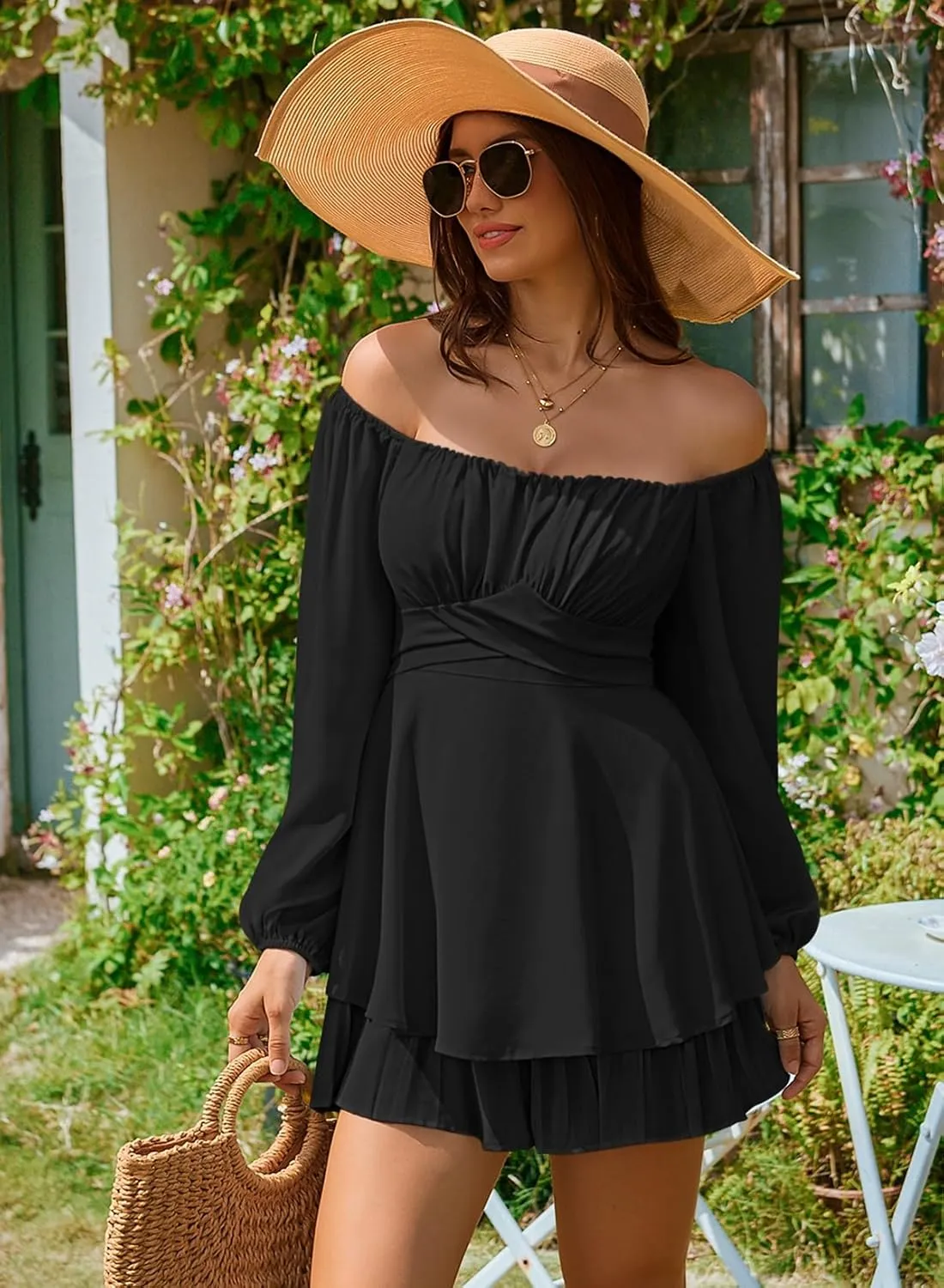 Linsery Womens Ruffle Long Sleeve Short Rompers Sexy Layered Tie Waist Chiffon One Piece Outfits Solid Jumpsuit
