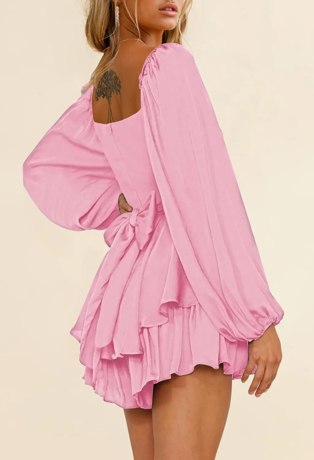 Linsery Womens Ruffle Long Sleeve Short Rompers Sexy Layered Tie Waist Chiffon One Piece Outfits Solid Jumpsuit
