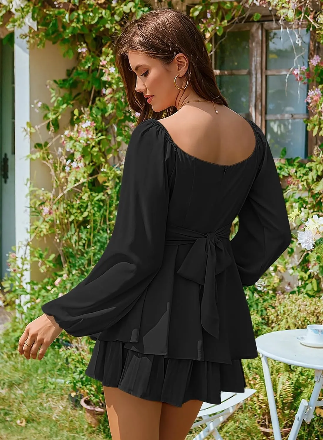 Linsery Womens Ruffle Long Sleeve Short Rompers Sexy Layered Tie Waist Chiffon One Piece Outfits Solid Jumpsuit