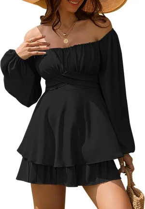 Linsery Womens Ruffle Long Sleeve Short Rompers Sexy Layered Tie Waist Chiffon One Piece Outfits Solid Jumpsuit