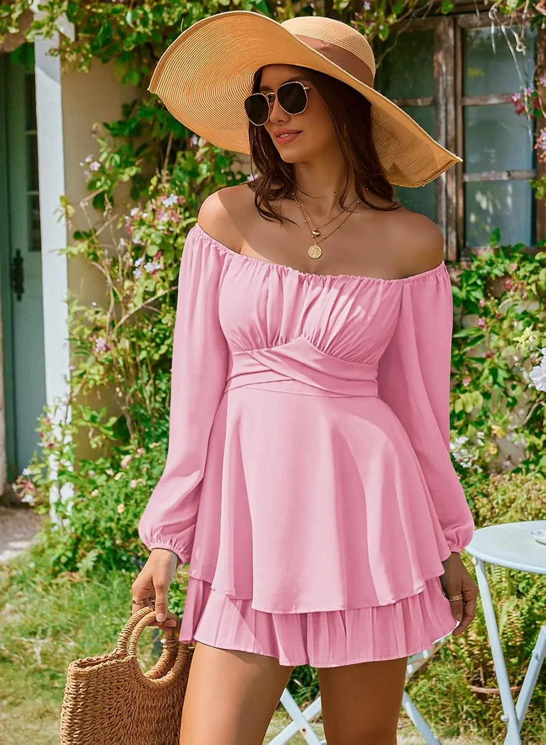 Linsery Womens Ruffle Long Sleeve Short Rompers Sexy Layered Tie Waist Chiffon One Piece Outfits Solid Jumpsuit