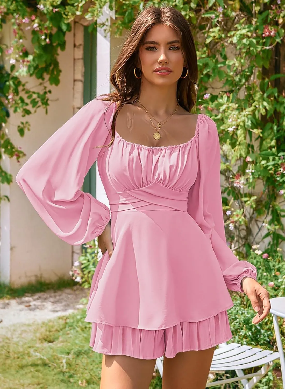 Linsery Womens Ruffle Long Sleeve Short Rompers Sexy Layered Tie Waist Chiffon One Piece Outfits Solid Jumpsuit