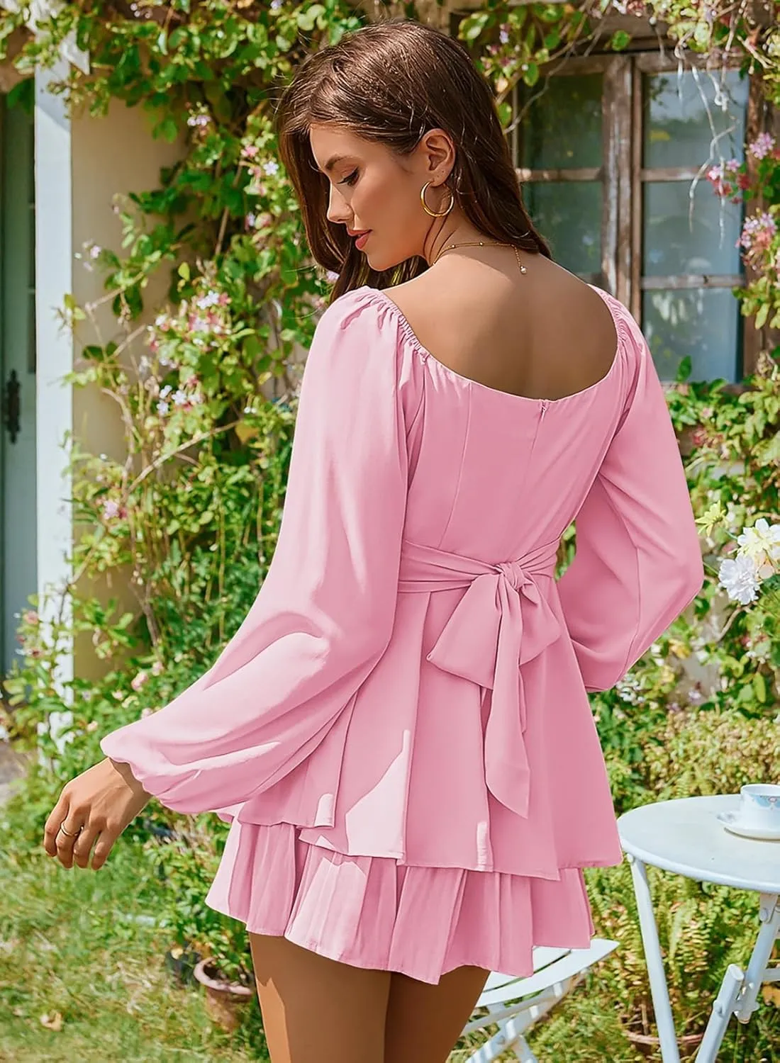 Linsery Womens Ruffle Long Sleeve Short Rompers Sexy Layered Tie Waist Chiffon One Piece Outfits Solid Jumpsuit