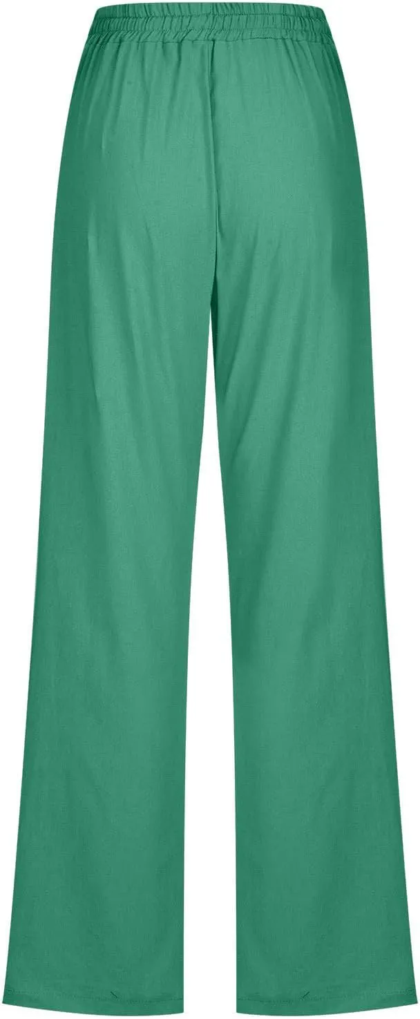 Lmdudan 2025 Cotton Linen Pants Women Straight Leg Drawstring Elastic Hight Waist Trousers with Pockets Loose Palazzo Pants