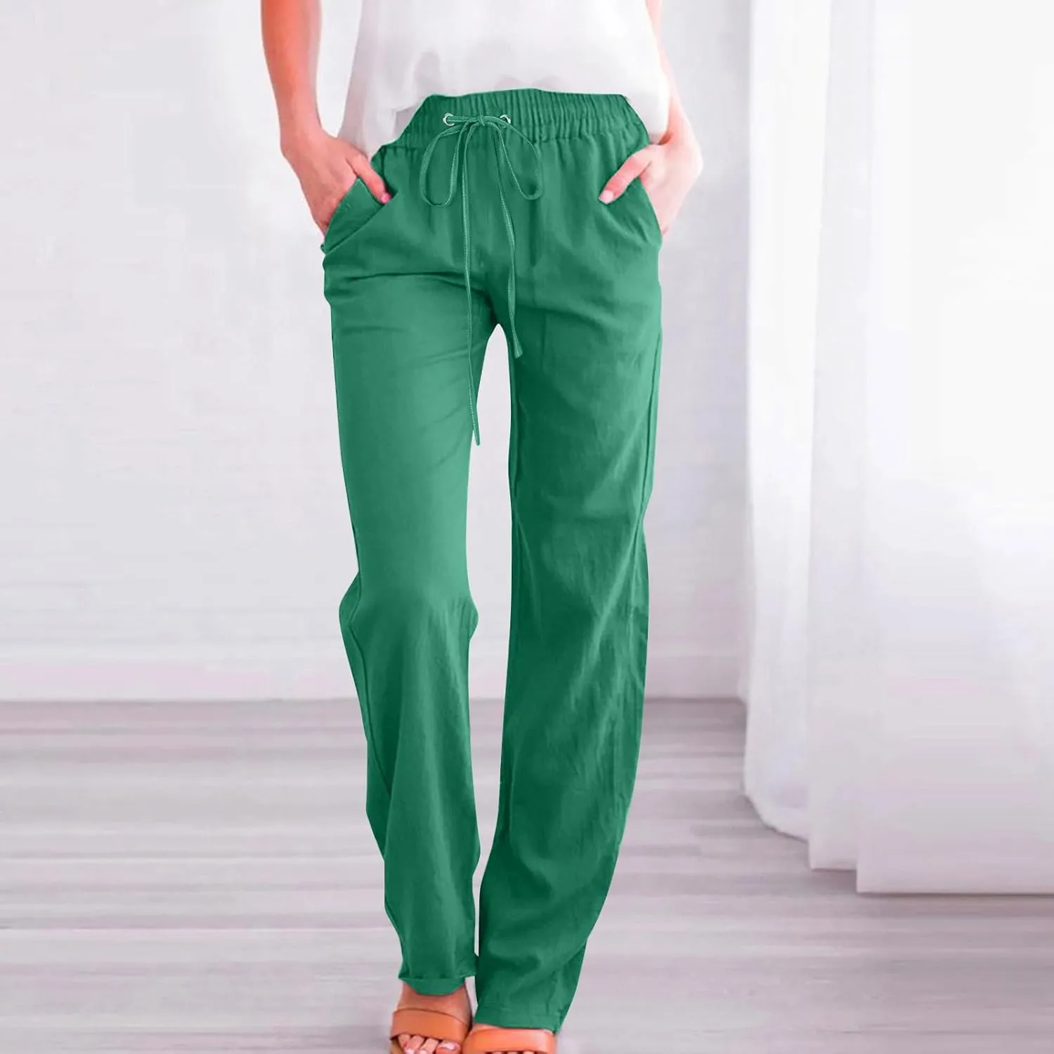 Lmdudan 2025 Cotton Linen Pants Women Straight Leg Drawstring Elastic Hight Waist Trousers with Pockets Loose Palazzo Pants