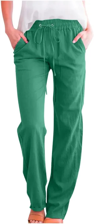 Lmdudan 2025 Cotton Linen Pants Women Straight Leg Drawstring Elastic Hight Waist Trousers with Pockets Loose Palazzo Pants