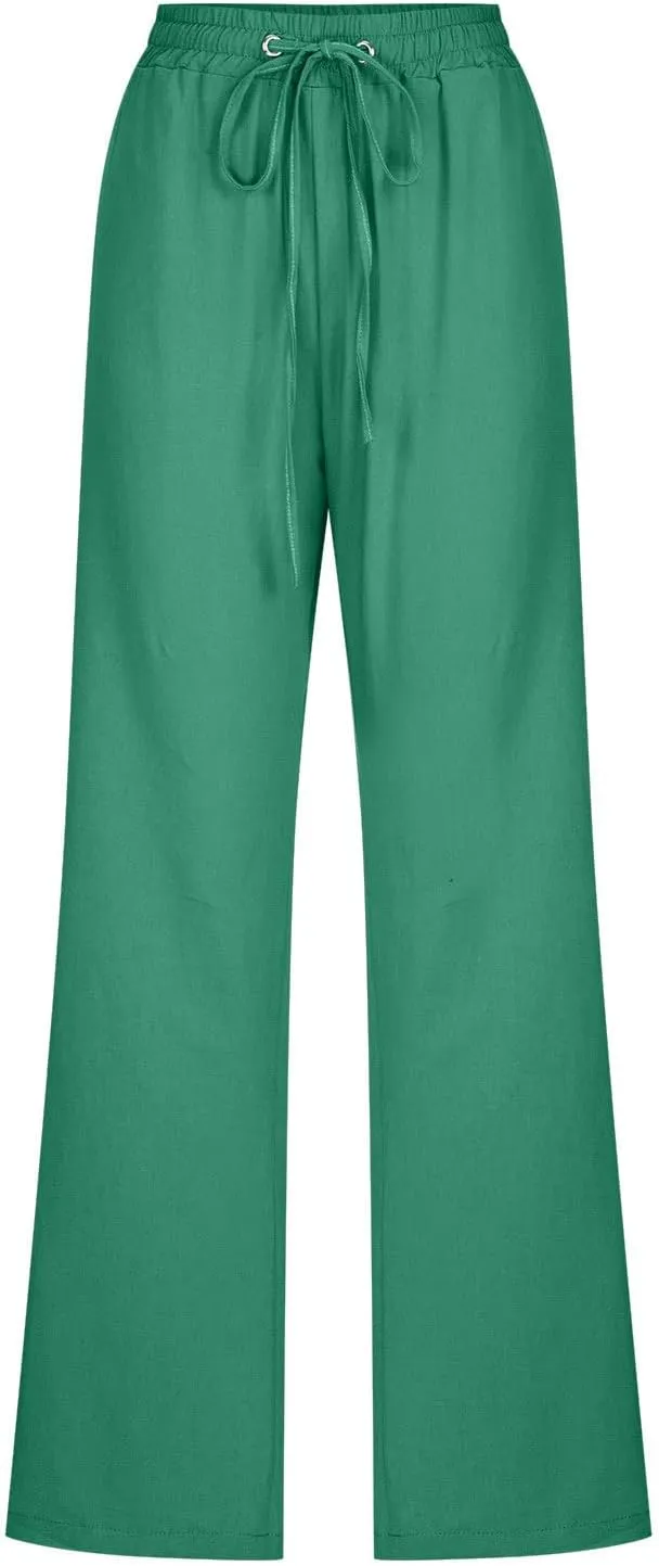 Lmdudan 2025 Cotton Linen Pants Women Straight Leg Drawstring Elastic Hight Waist Trousers with Pockets Loose Palazzo Pants