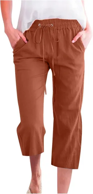 Lmdudan 2025 Summer Womens Capris Solid Linen Pants High Waisted Drawstring Casual Loose Cropped Trousers with Pockets