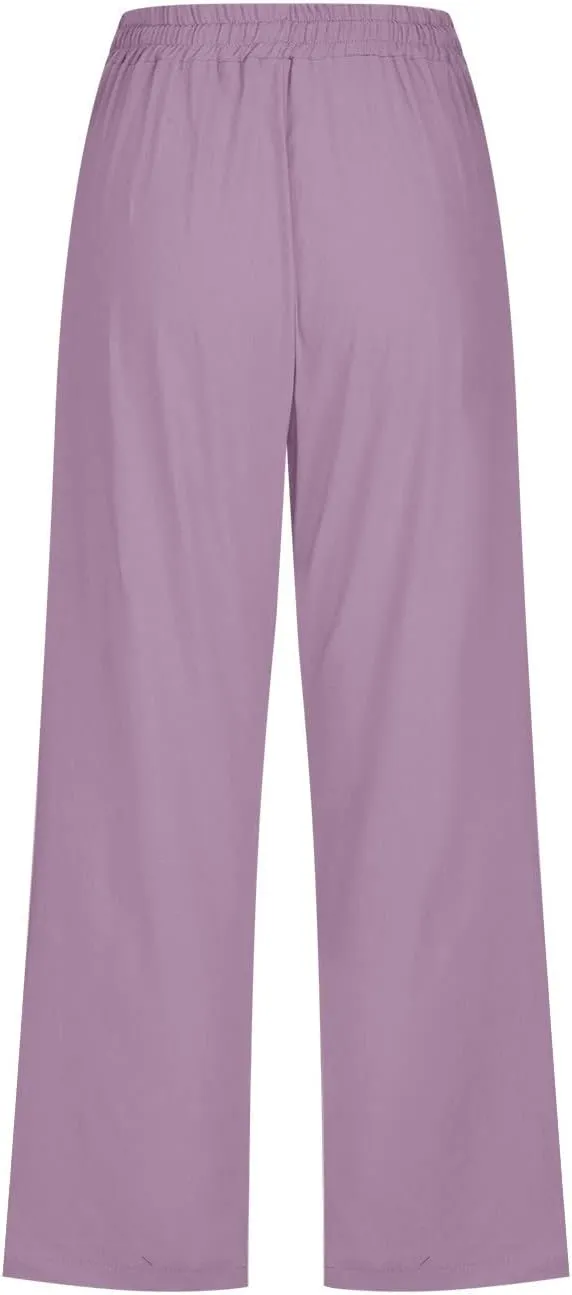 Lmdudan 2025 Summer Womens Capris Solid Linen Pants High Waisted Drawstring Casual Loose Cropped Trousers with Pockets