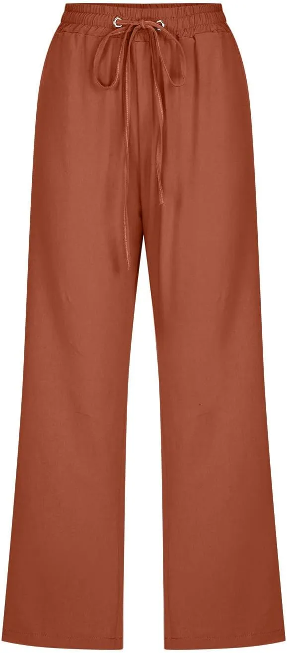 Lmdudan 2025 Summer Womens Capris Solid Linen Pants High Waisted Drawstring Casual Loose Cropped Trousers with Pockets