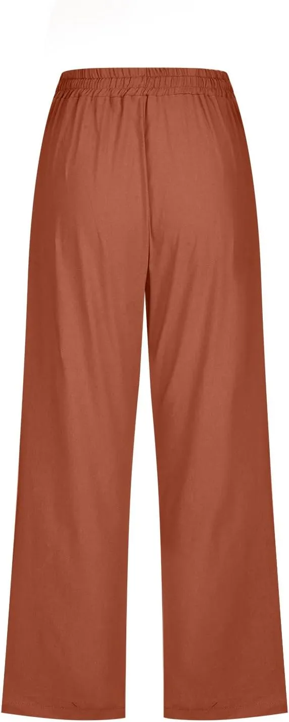 Lmdudan 2025 Summer Womens Capris Solid Linen Pants High Waisted Drawstring Casual Loose Cropped Trousers with Pockets