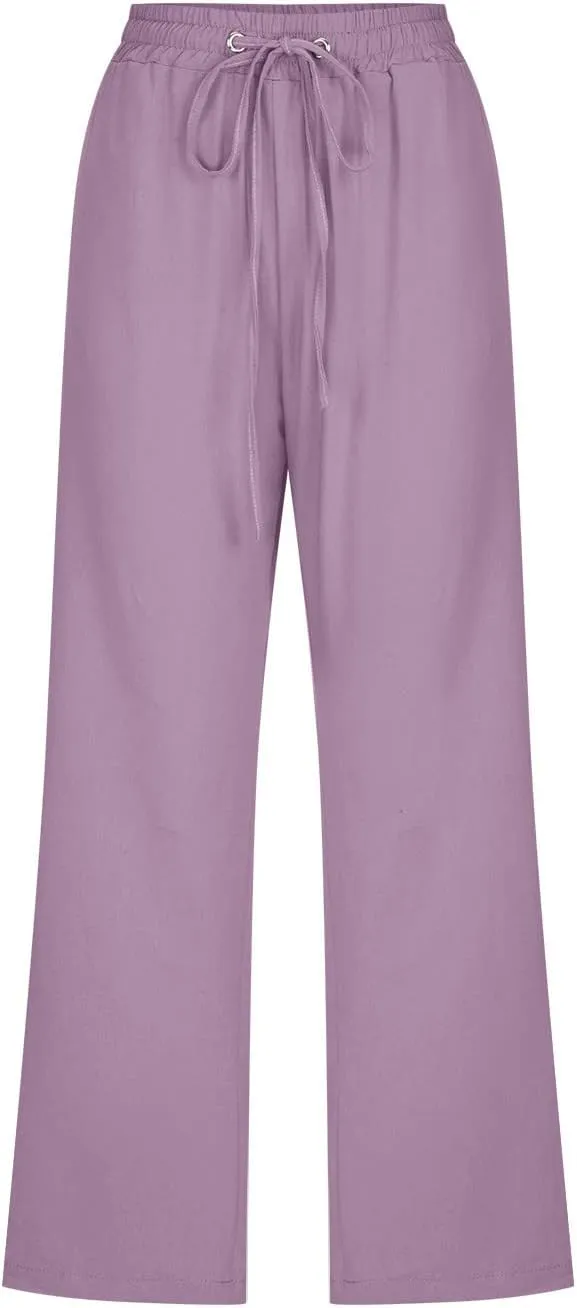 Lmdudan 2025 Summer Womens Capris Solid Linen Pants High Waisted Drawstring Casual Loose Cropped Trousers with Pockets