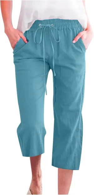 Lmdudan 2025 Summer Womens Capris Solid Linen Pants High Waisted Drawstring Casual Loose Cropped Trousers with Pockets